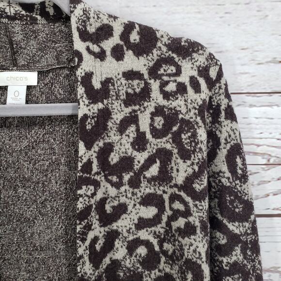 Chico's Women's 100%Wool Knit Animal Print Ombre Open Cardigan Size 0 - Picture 8 of 13